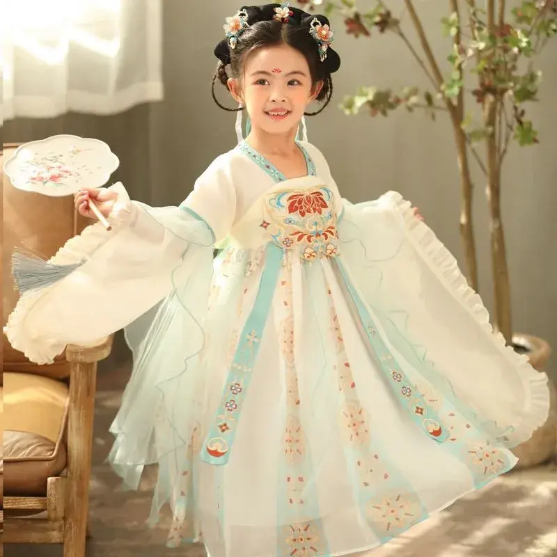 고대 어린이 전통 드레스, 중국 의상, 소녀 코스튬 민속 춤 공연, 어린이 한푸 원피스 세트
