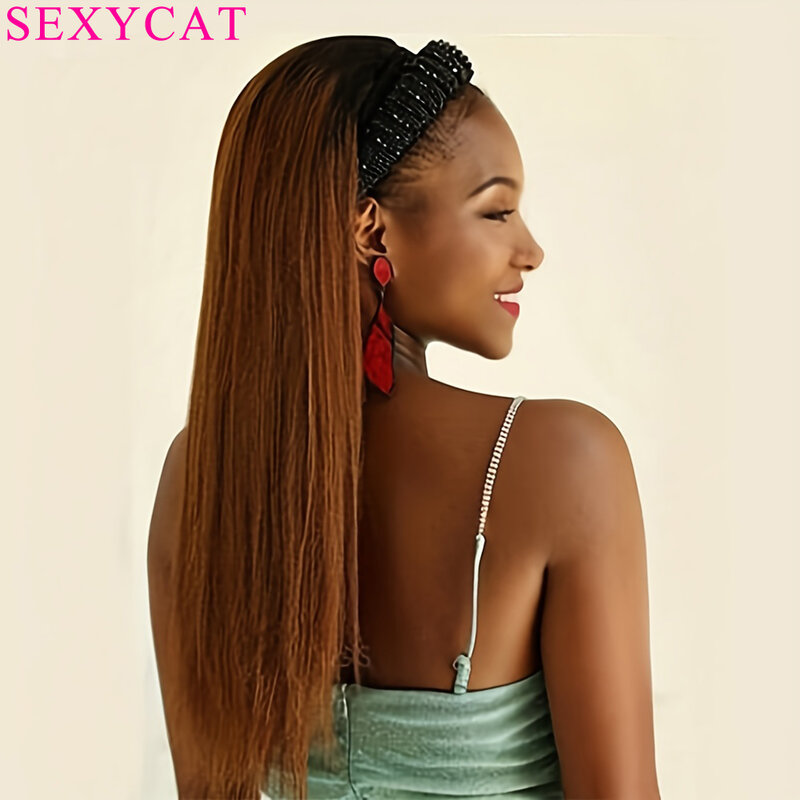 Sexycat-黒人女性用ストレートヘッドバンドウィッグ、人間の髪の毛、接着剤なし、なしレースフロント、ブラジリア、スイープ、1b、30