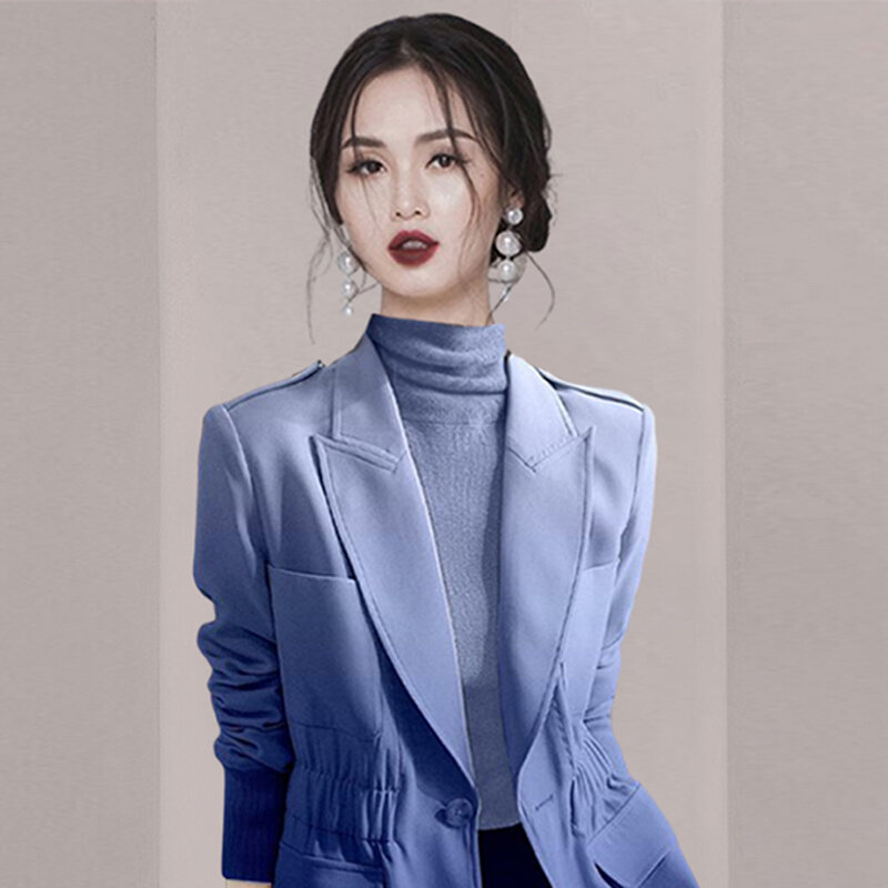 Nueva moda para mujer, traje plisado azul de alta calidad, abrigo de temperamento ajustado, traje de edad reducida, abrigo superior