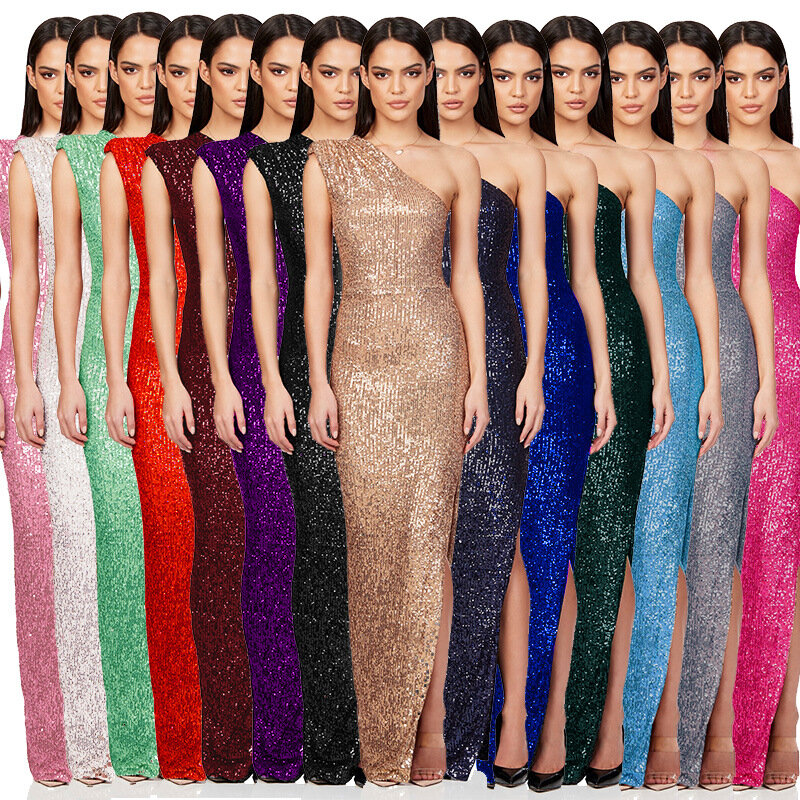 Sexy Sequined Criss-Cross Dresses Women One Shoulder Sleeveless Long Dress Elegant Female Cocktail Party Evening Prom Dress Hxy1