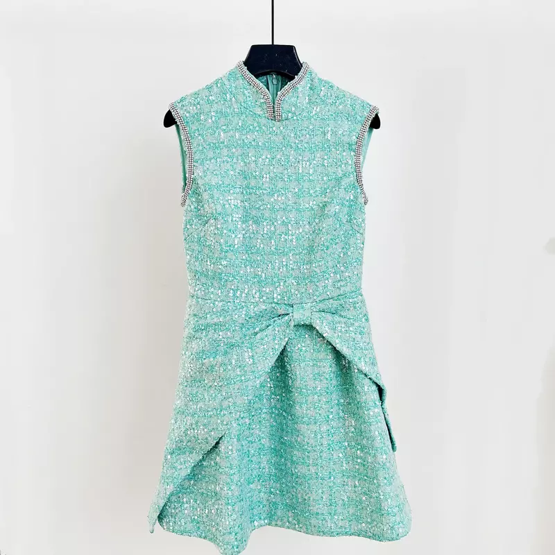 Damska cekinowa zielona Mini sukienka diamentowa dekoracja z okrągłym dekoltem bez rękawów nieregularna elegancka wiosenna 2024 szata