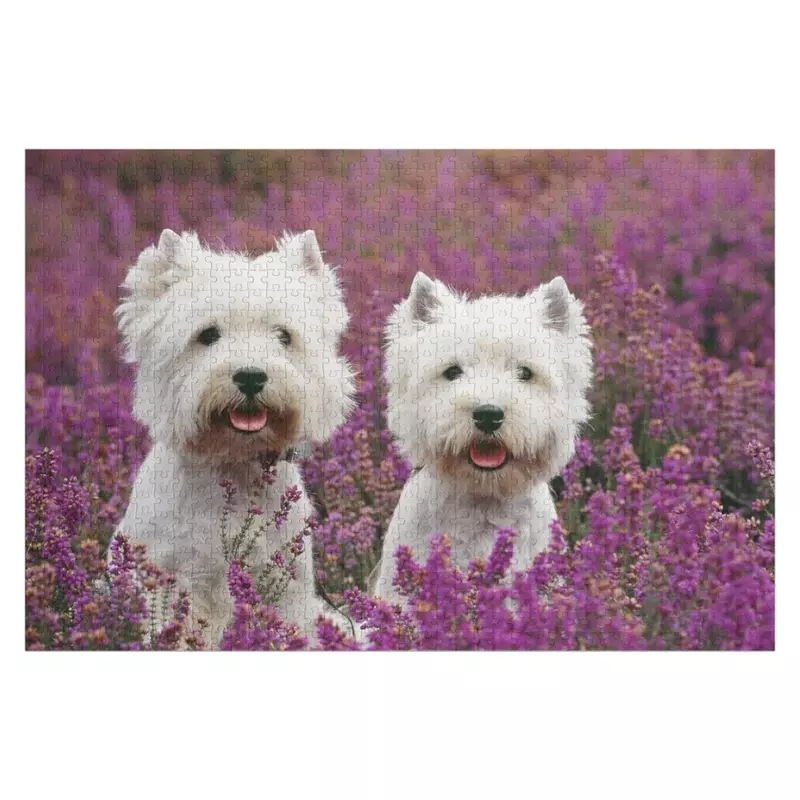 Westie, West Highland Terrier Dogs in heather Jigsaw Puzzle Wood Name Personalized Gifts With Photo Puzzle