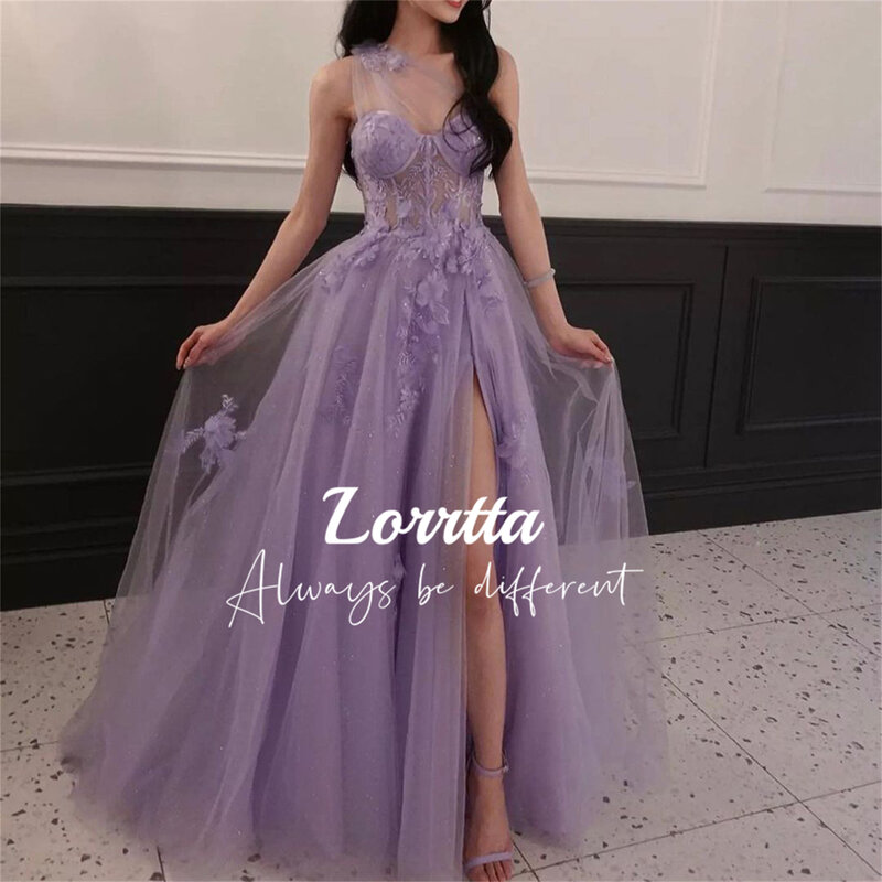 Lorrtta-女性用スリットチュールイブニングドレス、ライトパープルフラワー、セレブパーティー、ワンショルダー、卒業式、プロムドレス、ラグジュアリー、2024
