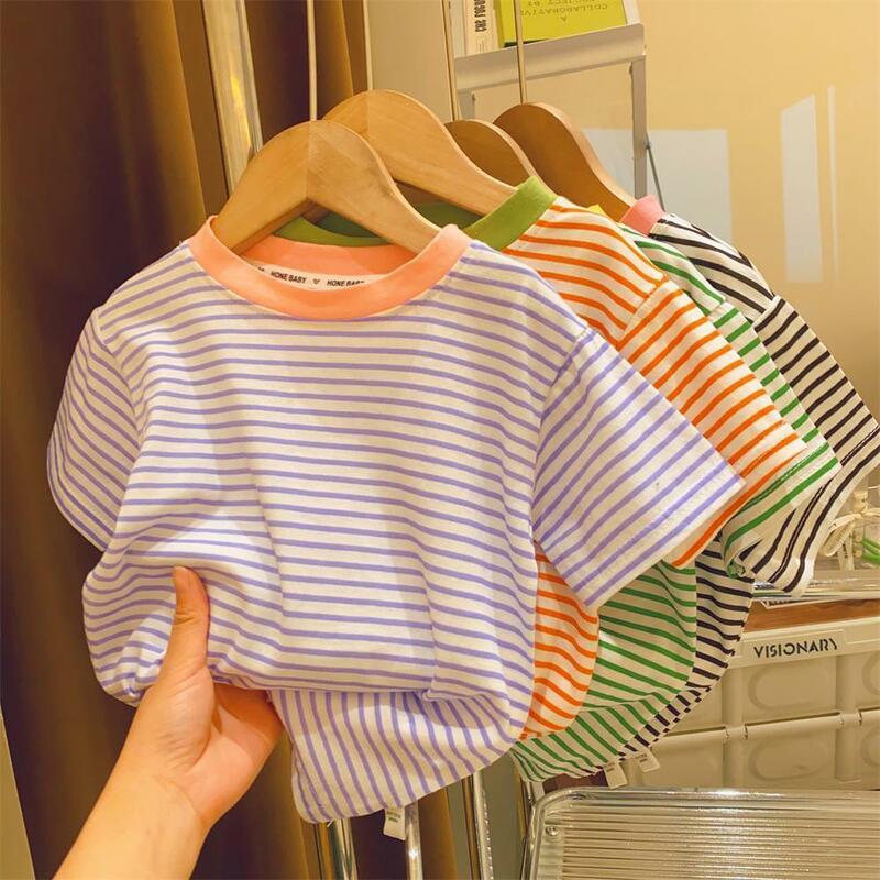 Reine Baumwolle Mädchen Baby Kurzarm T-Shirt Sommer neue westliche Kinder Kontrastst reifen Kurzarm Top
