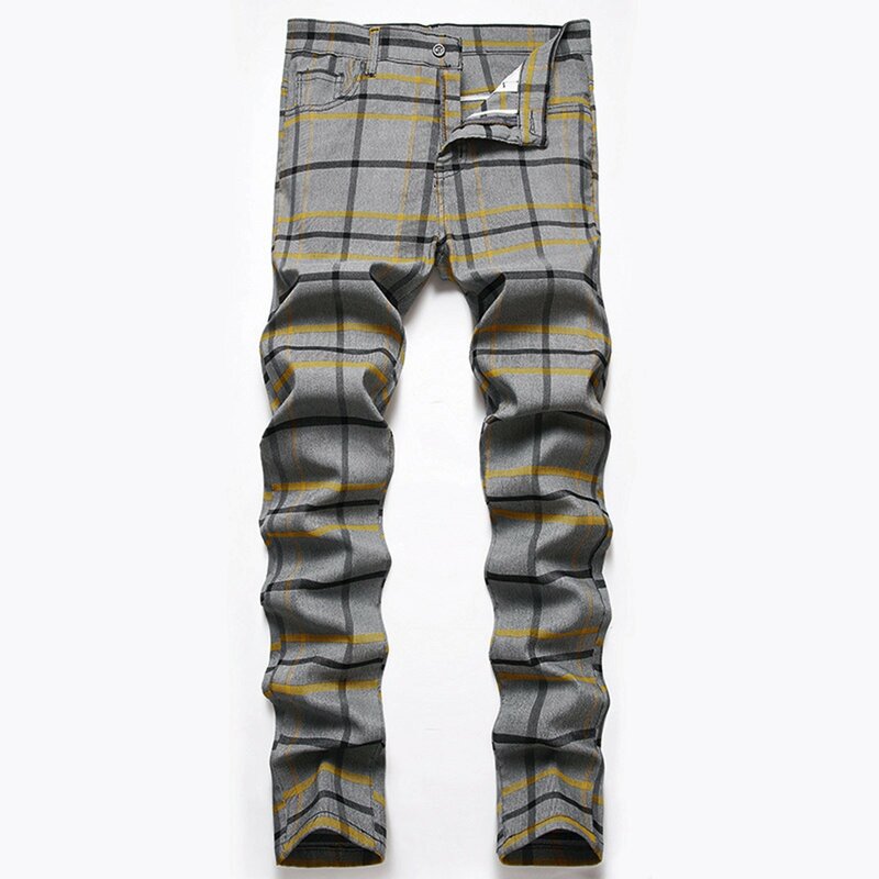 2024 Men Button Zip Trousers Button Fly Slim Fit Plaid Print Wild Skinny Soft Full Length Men Red Plaid Printed Pants for Work