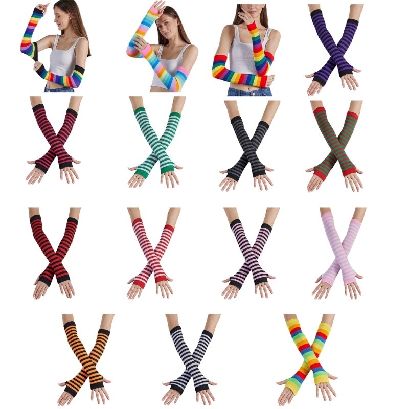 Gants sans doigts à rayures colorées pour femmes, manches bras à gants arc-en-ciel décoratifs fête noël pour