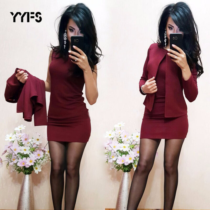 YYFS Setelan Gaun Wanita Seksi Ketat Kerah O Gaun Mini Kasual Mantel Dua Potong 2022 Baru Elastis Angkatan Garnitur Damski Set Blazer