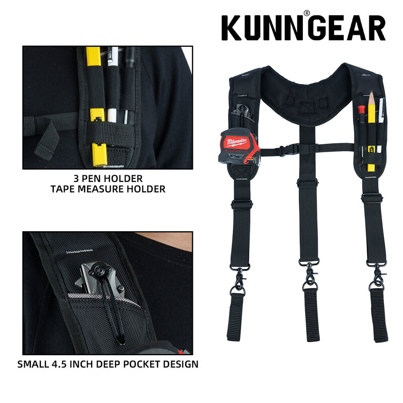 KUNN Tool Belt Suspenders,Heavy Duty 3-Points Construction Work Pouch Suspender Padded