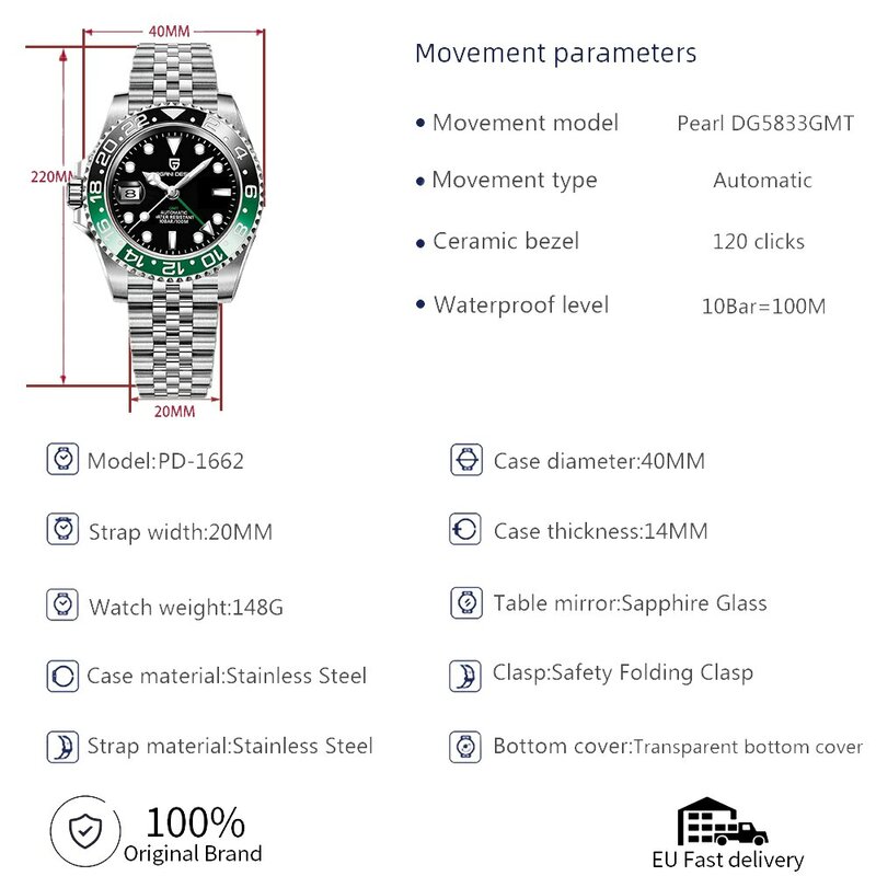 Gmt男性用機械式腕時計サファイアガラスステンレス鋼100m防水自動時計デザインPD-1662高級