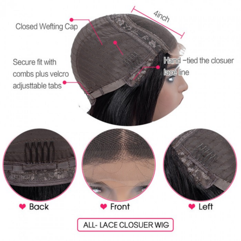 Perruque Lace Closure Wig Brésilienne Remy Naturelle, Cheveux Lisses, 4x4, Pre-Plucked, 180%, 4C, pour Femme