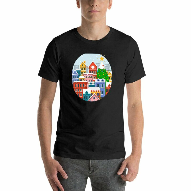 Plain Cute Christmas City T-shirt, algodão gráfico roupas para homens