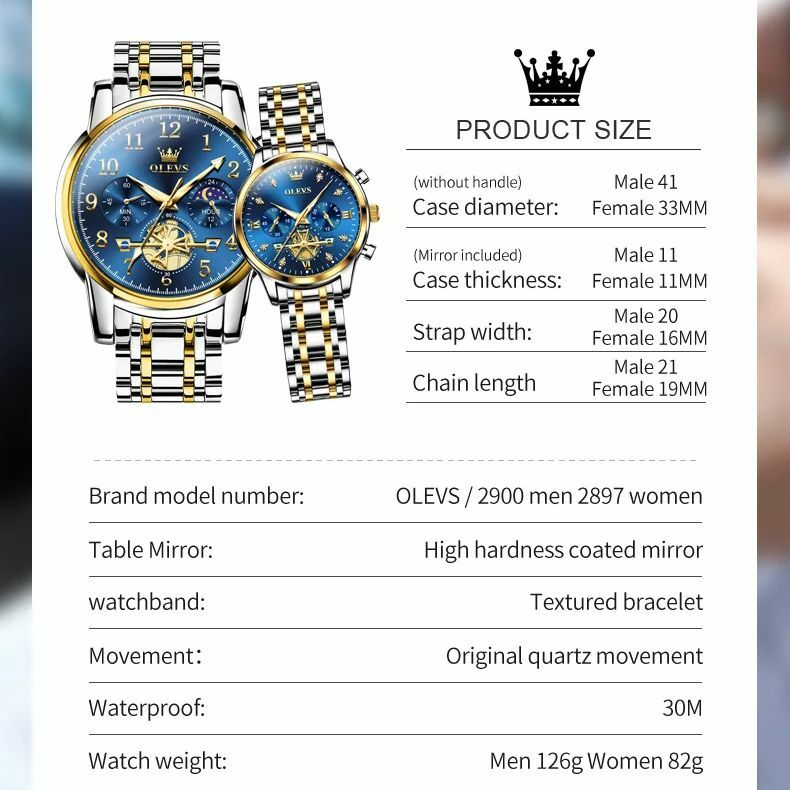 OLEVS Luxury Brand Moon Phase Couple Watches Stainless Steel Multifunctional Quartz Watch Original Men's and Women's Watches NEW