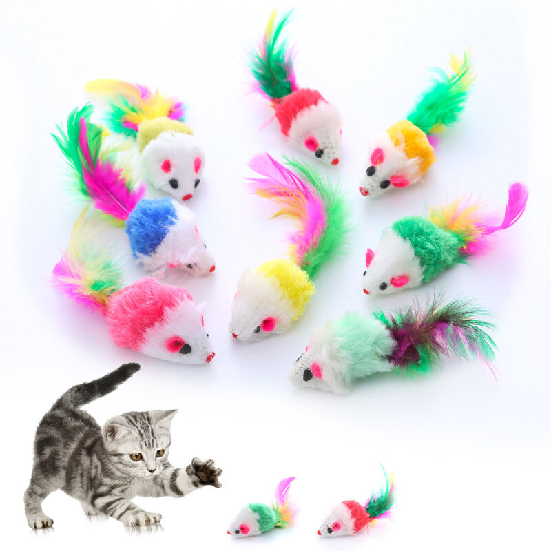 Cute Mini Soft Fleece False Mouse Cat Toys Colorful Feather Funny Playing Training Toys for Cats Kitten Puppy Pet Supplies