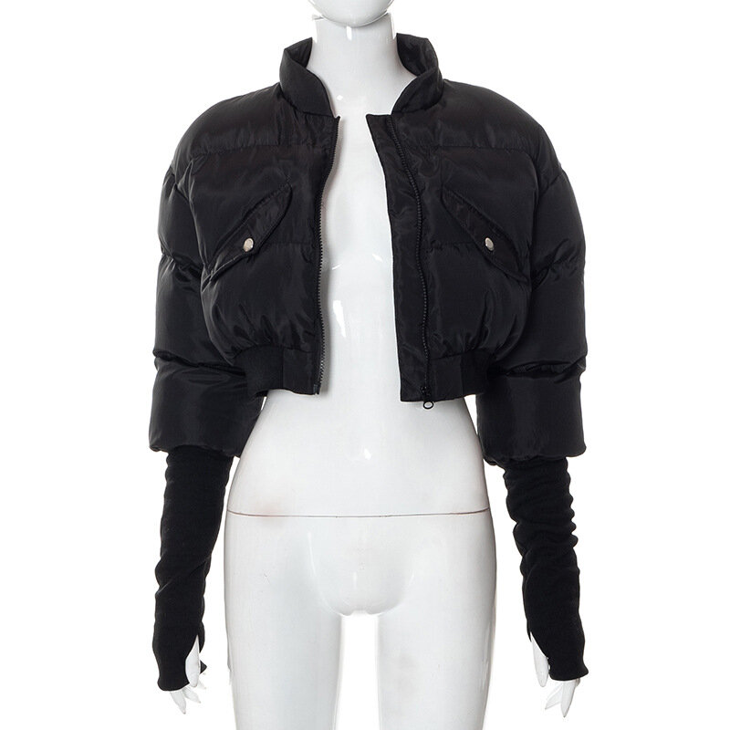 Зимняя Модная хлопковая куртка на молнии, пальто для женщин, однотонная, стоячий воротник, теплая короткая одежда с хлопковой подкладкой