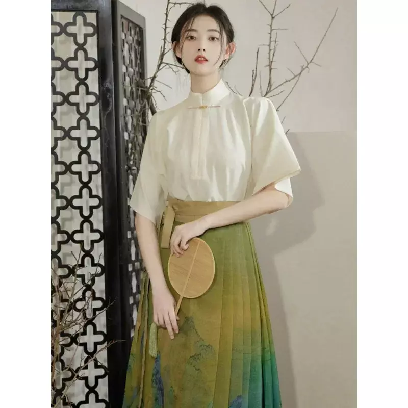 Blusa Hanfu preta elegante de manga curta para mulheres, saia chinesa, cara de cavalo, roupa diária, vestidos de baile