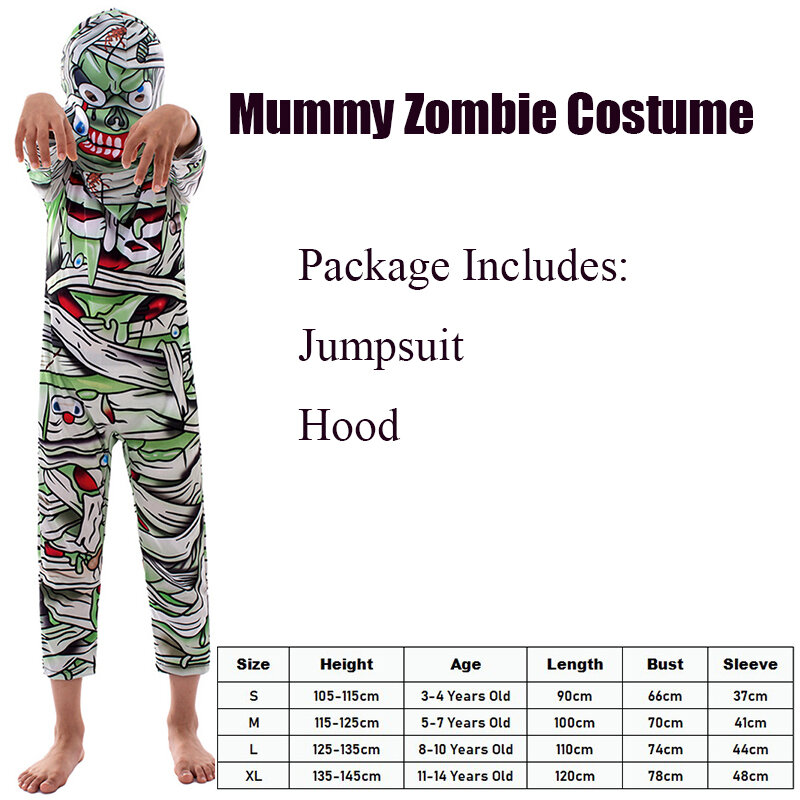 Girls Halloween Cosplay Boys Jumpsuit And Hood Set Horror Child Mummy Zombie Costume