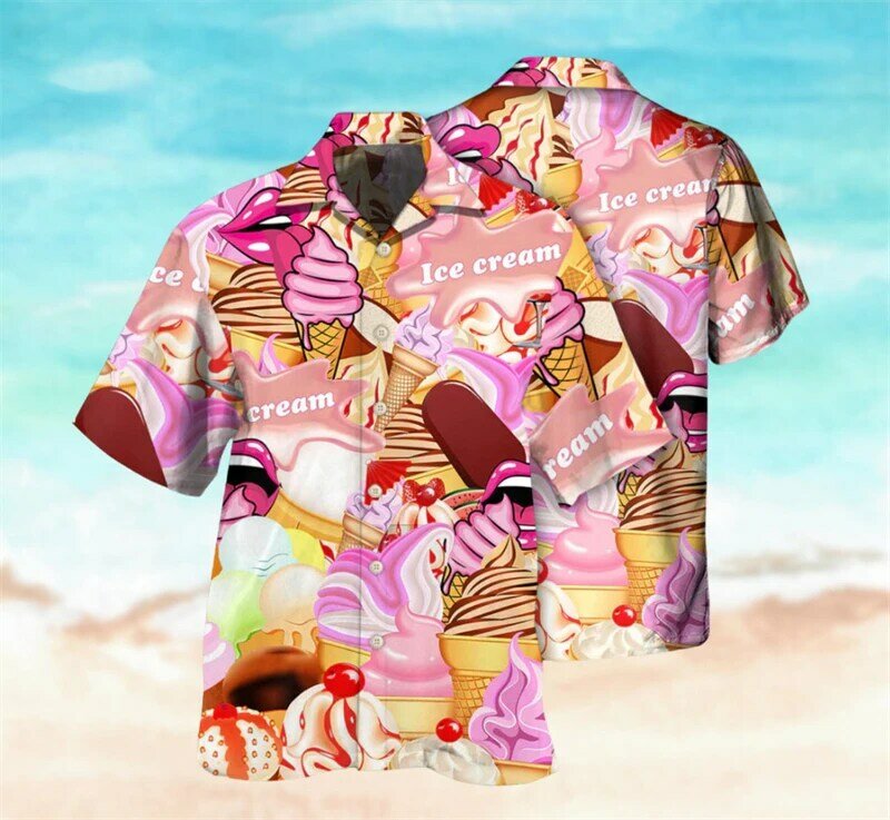 Chemises respirantes imprimées en 3D pour hommes, mode cool, crème glacée, fête sur la plage, manches courtes, été