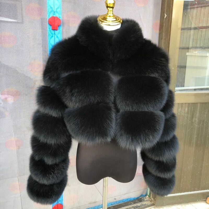 Jaket bulu rubah Cropped Plus wanita baru jaket bulu kerah berdiri mode musim dingin hangat bulu rubah asli 100%
