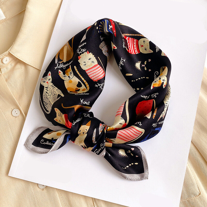 Cute Cat Real 100% Silk Scarf Luxury Print Small Ribbon Neck Tie Female Hand  Wrist Bandana Foulard Design Echarpe 2022 New