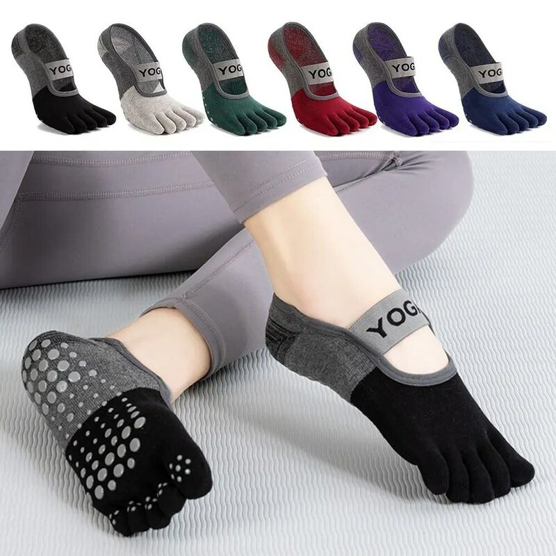 ถุงเท้าโยคะกันลื่นสำหรับผู้หญิงถุงเท้ากีฬาผ้าฝ้ายระบายอากาศได้เปิดหลังห้านิ้ว