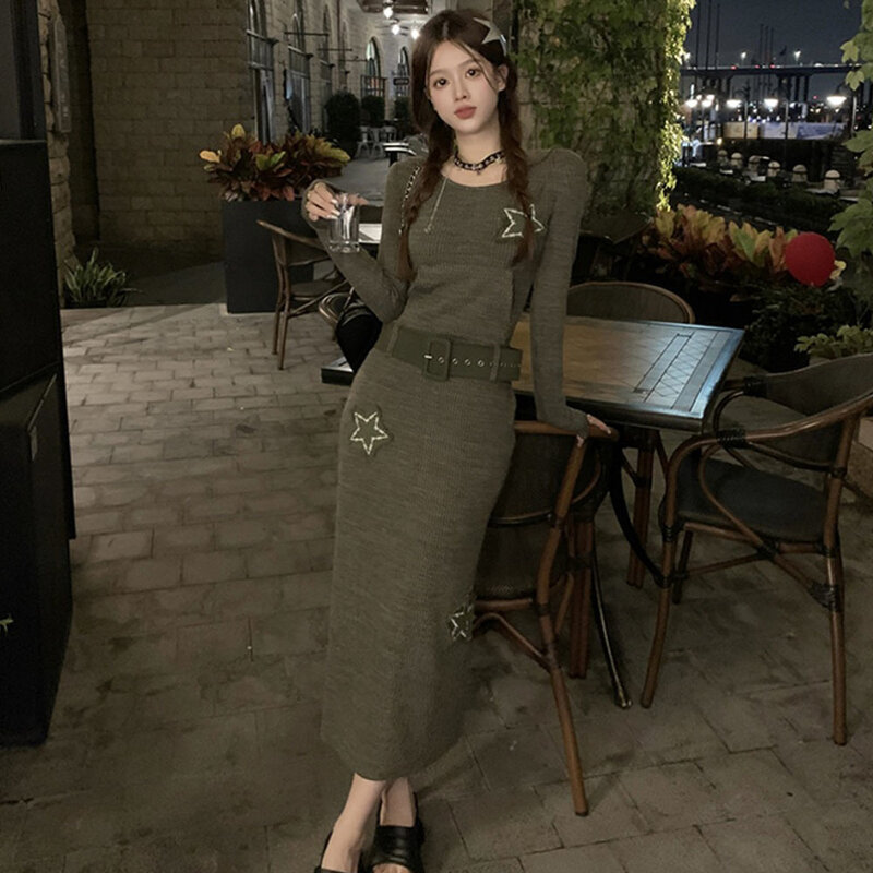 2023 Herbst Vintage Kapuze Strickkleid Frauen koreanische Mode Party Pullover Kleid weibliche schlanke Stern Stern elegante Mini/lange Kleider
