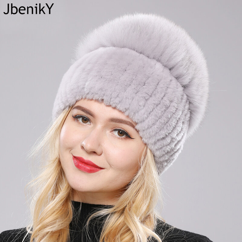 ฤดูหนาวสำหรับผู้หญิงใหม่หรูหราจริงพู่ขนกระต่ายหมวกถักพู่ขนกระต่ายหมวก Top ขนสุนัขจิ้งจอกธรรมชาติหมวกขนสุนัขจิ้งจอก Beanies หมวก