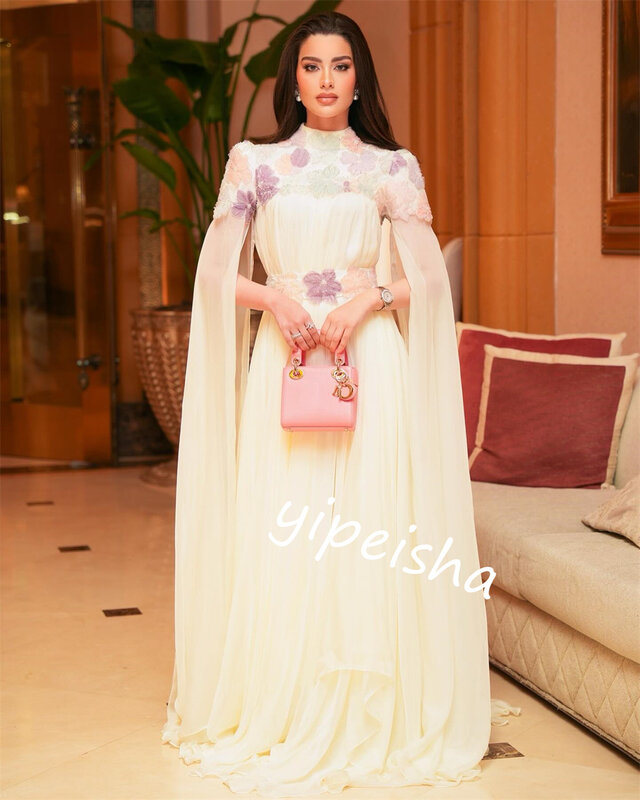 Gaun Prom malam Arab Saudi sifon Applique Formal malam A-line kerah tinggi Bespoke gaun acara gaun Midi