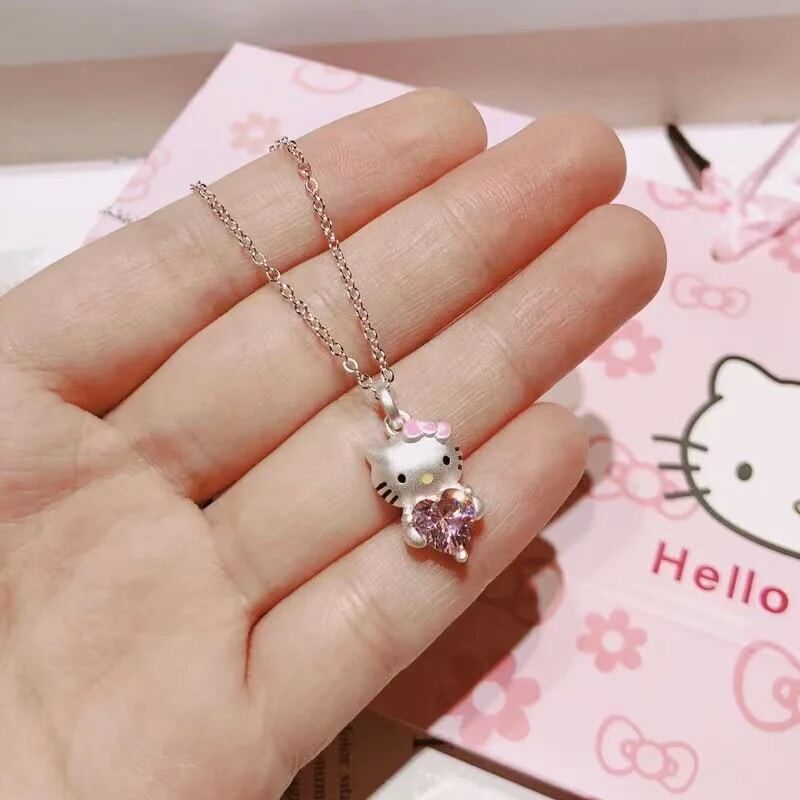 Kawaii Hello Kitty Sanrio Roze Kristallen Ketting Zilver Legering Anime Sieraden Ketting Vrouwelijke Charme Valentijn Accessoires Meisje Cadeau