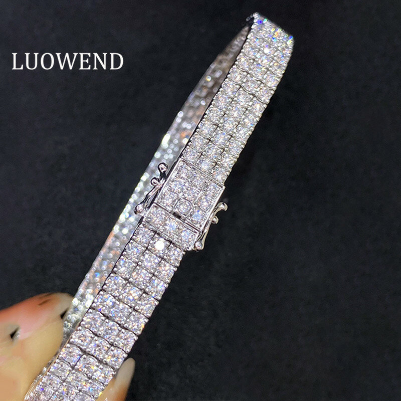 LUOWEND gelang emas putih 18K perhiasan berlian alami gelang tenis pesta DriIl penuh tiga baris mewah untuk wanita