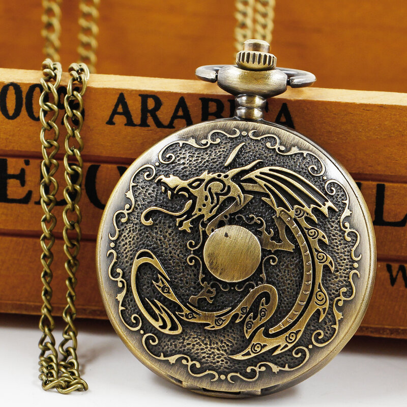 Reloj de bolsillo Retro con diseño de dragón para hombre y mujer, cadena de reloj de cuarzo moderna con Diseño de Medio cazador, regalo para niños y mujeres