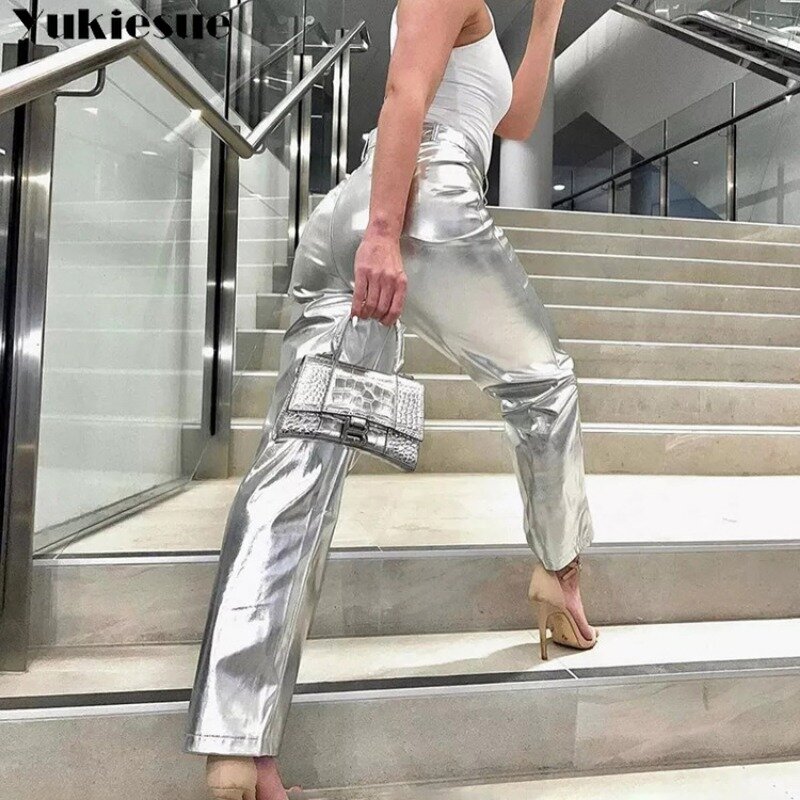 2024 jesienne wiosenne damskie spodnie damskie z wysokim stanem w cukierkowym kolorze spodnie Flare ze skóry Pu Y2K do spodni damskich