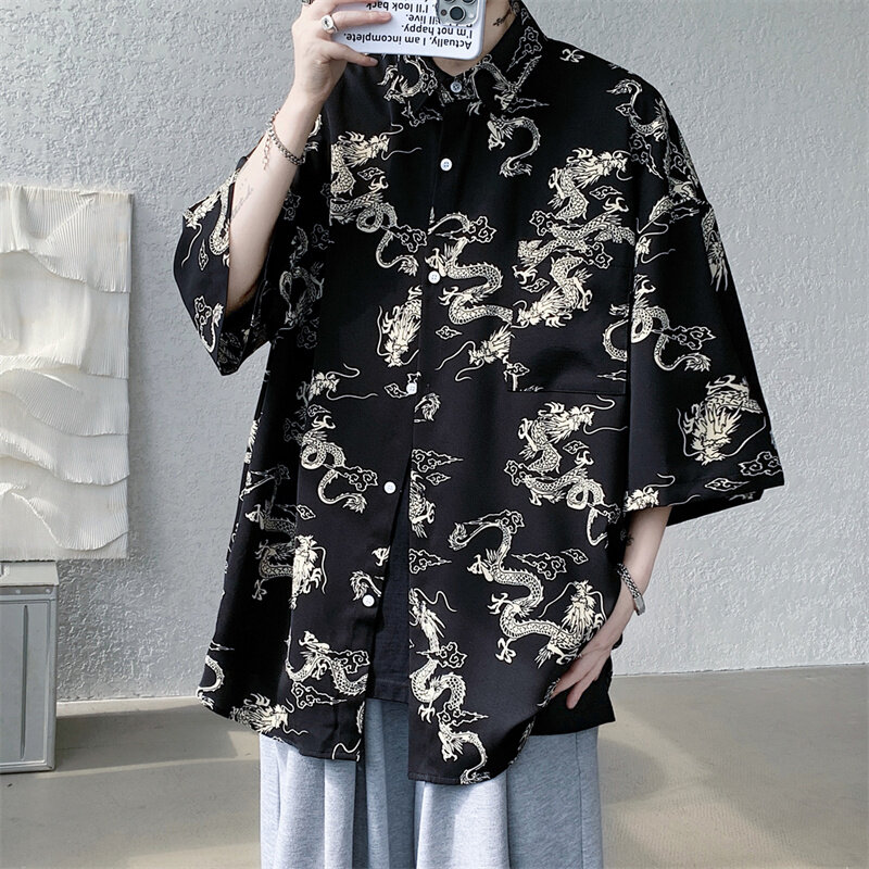 White Short Sleeve Shirt Men's Chinese Style Loose Shirts Chinese Characters and Chinese Divine Dragon Pattern Printed Camisa
