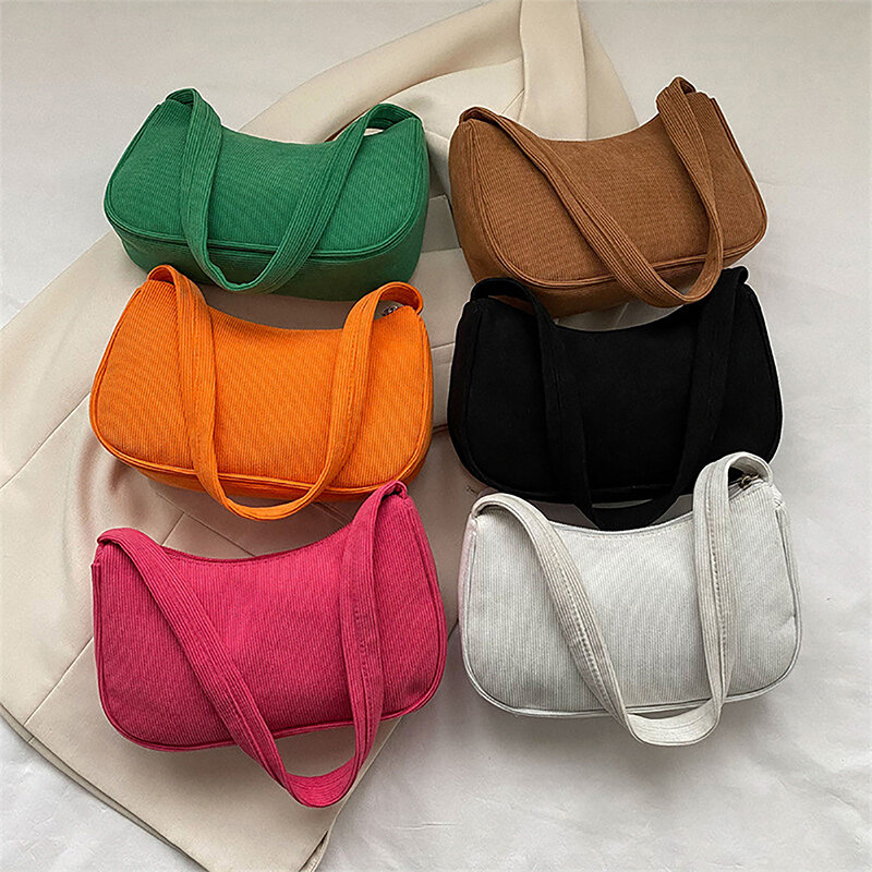 Tas tangan wanita korduroi modis Vintage tas bahu wanita kasual tas ketiak warna Solid tas tangan dompet ritsleting
