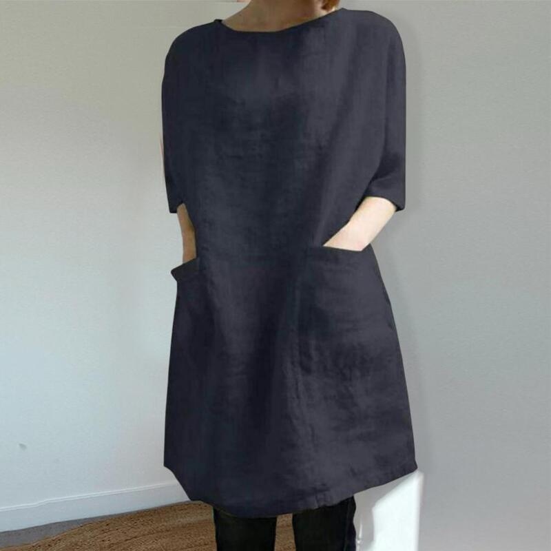 Mini vestido de pulôver de meia manga feminino, Decote V, bolsos grandes, bainha grande, cor sólida simples, roupa diária
