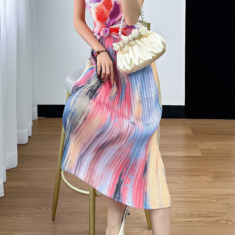 Женская плиссированная юбка миаке, модная повседневная элегантная плиссированная юбка на бедрах с принтом ленивого стиля, 2024