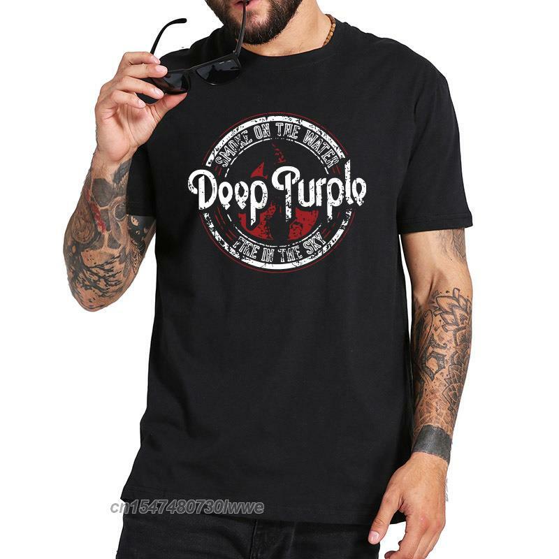 Camiseta de color morado oscuro, Camiseta básica de 100% algodón con cabeza de máquina, Canción de humo en el agua, banda de Rock en inglés