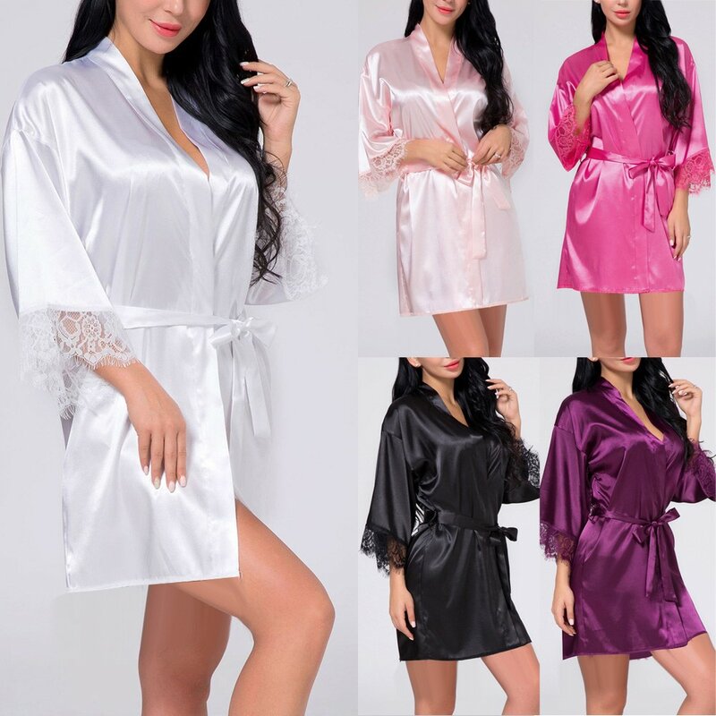 Lencería Sexy de satén para mujer, camisón de encaje, ropa de dormir, Kimono, puños de encaje, agradable para la piel, Color sólido