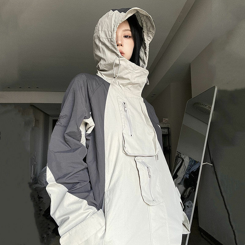 HOUZHOU Vintage kurtki outdoorowe kobiety Y2k Streetwear wodoodporna ponadgabarytowych jesień z kapturem wiatrówka Harajuku płaszcz koreański mody