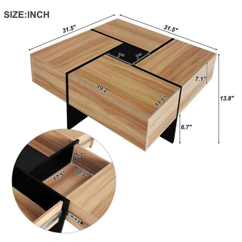 Meja kopi dengan 4 kompartemen penyimpanan tersembunyi meja koktail persegi dengan meja geser yang dapat diperpanjang untuk ruang tamu