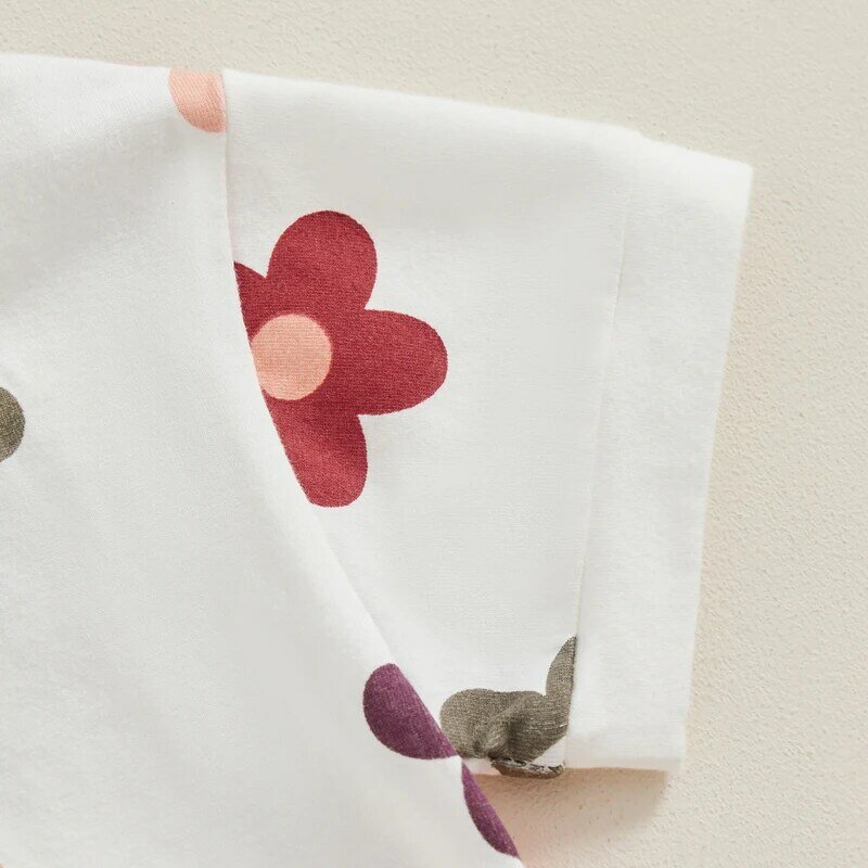 Baju monyet bayi perempuan, Jumpsuit musim panas motif bunga leher bulat lengan pendek dengan ikat kepala pita