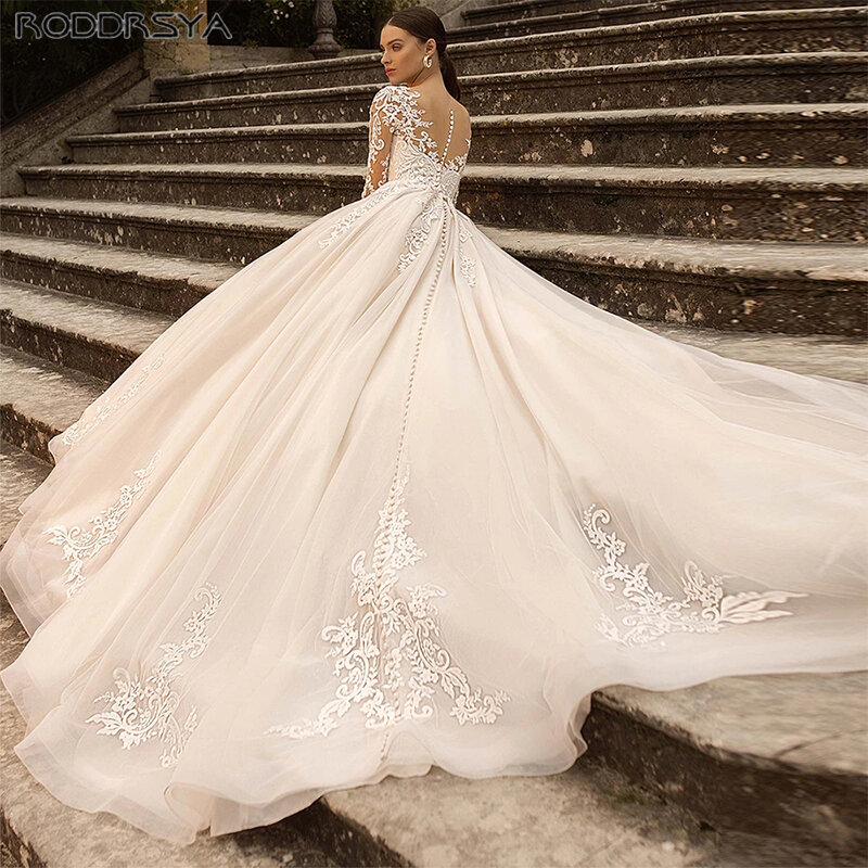 Платье свадебное кружевное ТРАПЕЦИЕВИДНОЕ с длинными рукавами и открытой спиной Платье для невесты без пряжек Appliques Vestido De Novia