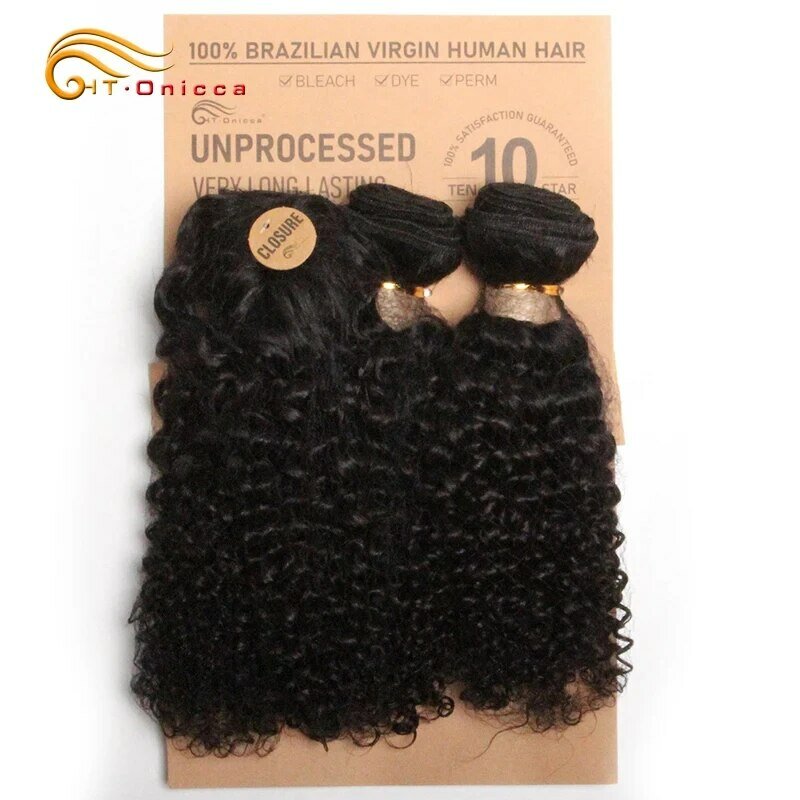 Curto Kinky Curly Pacotes de cabelo humano, Brazilian Remy Hair Weaves, 3 Pacotes com Encerramento, Natural Black Curly Bundles