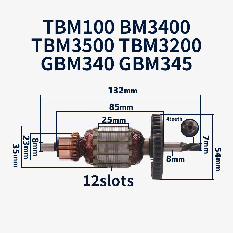 Rotor Armature de 4 dientes para Bosch TBM3400 3500 1000 GBM340 345, piezas de repuesto de anclaje de armadura de Rotor de taladro manual