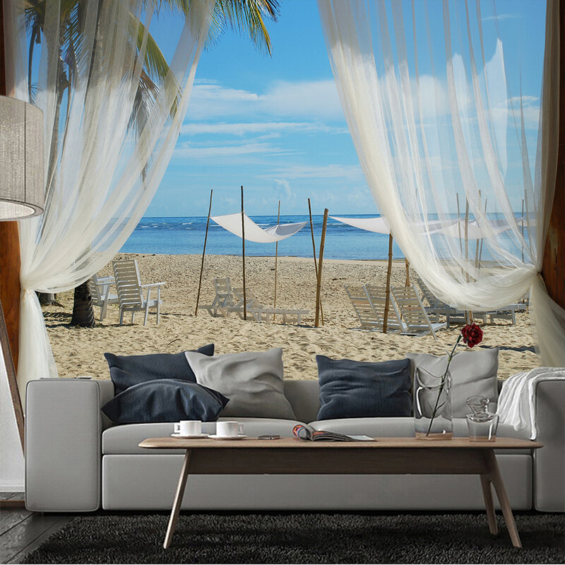 3D 창 배경 대형 벽 태피스트리, 미적 방 장식, 보호 바다 풍경 태피스트리, 벽걸이 침실 장식, 홈