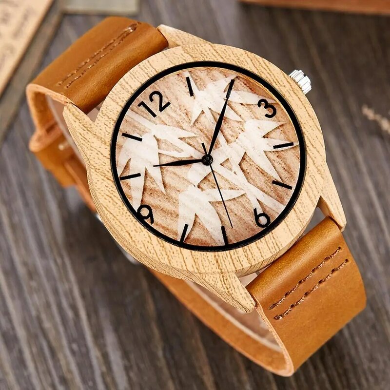Reloj de madera creativo para hombre y mujer, cronógrafo de cuarzo, imitación de bambú, minimalista, de cuero marrón suave, 2022