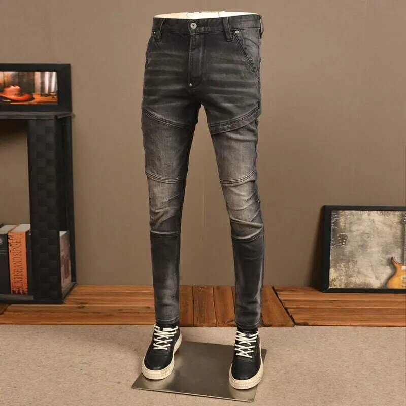 Jeans jeans retro slim fit masculino, calças de motociclista, jeans hip-hop, preto, cinza, elástico, moda de rua, designer