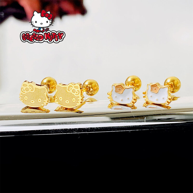 Sanrio Hello Kitty Kt Cat Stud Titanium Stalen Stud 18K Gouden Spanschroef Schattig Cartoon Meisje Kleine Oorbellen Oorbellen Cadeau