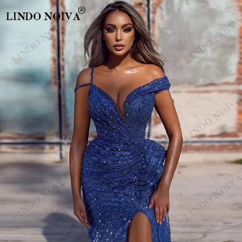 LINDO NOIVA Navy Blue Evening Dresses Sequins Beads Split Women Formal Prom Gowns Sexy Night Party Maxi Dress Robe De Soiree