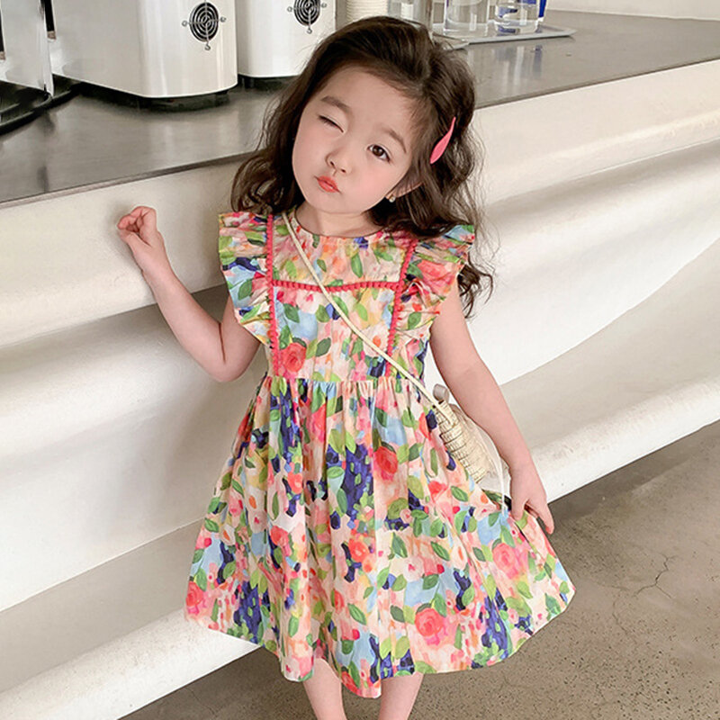 Gaun anak perempuan musim panas gaun mengembang manis gaun pesta putri pola bunga Fashion ramah kulit gaya Korea gaun kasual