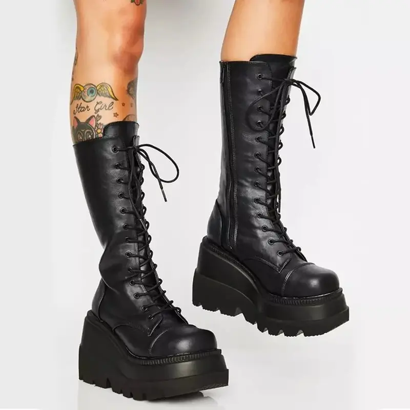 Botas de plataforma punk para mulheres, microfibra elástica, salto grosso, meio da panturrilha, sapatos góticos pretos, sapatos de marca para senhoras, primavera e outono, 2024